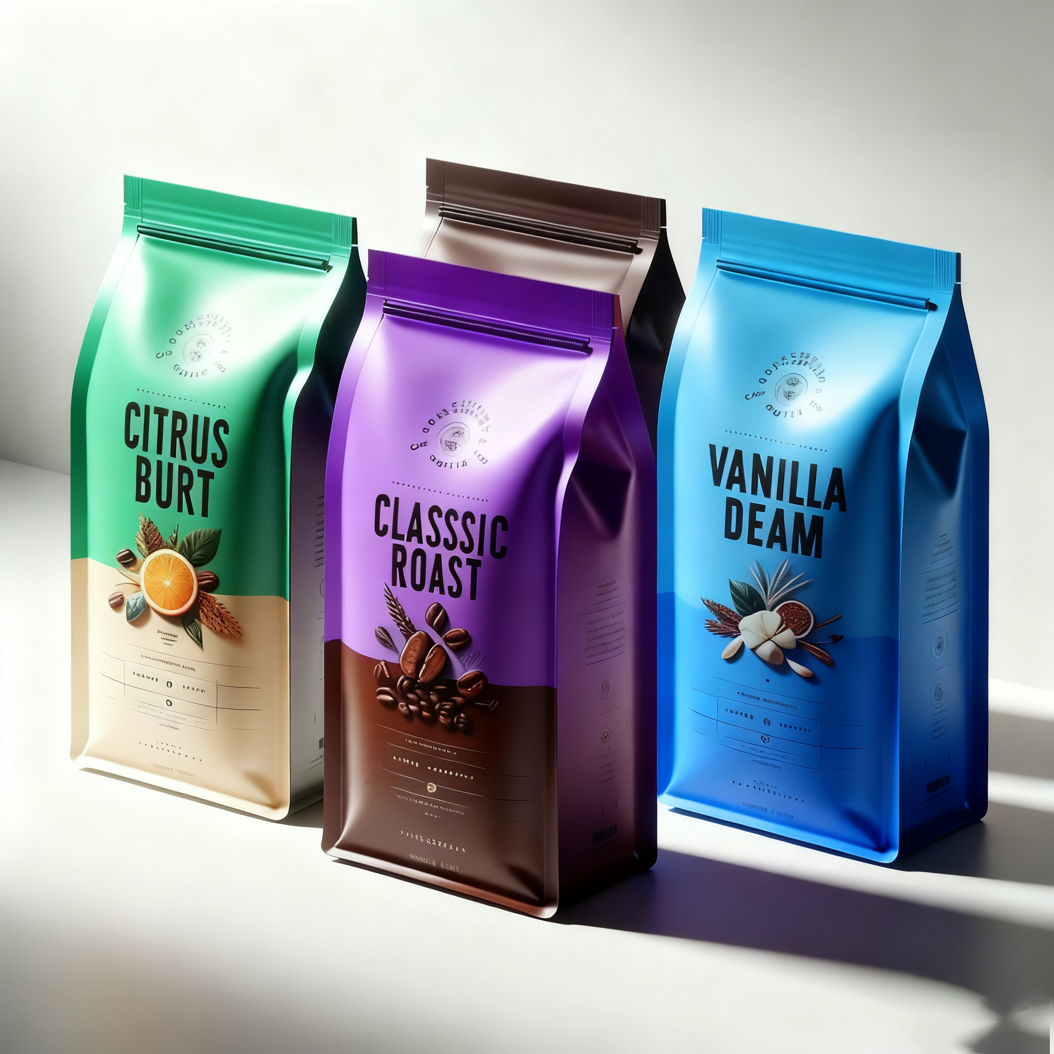 High Quality Custom Logo Matte Black Coffee Pouch Eight-Side Seal Portable Flat Bottom Bag For Food For Coffee Packaging