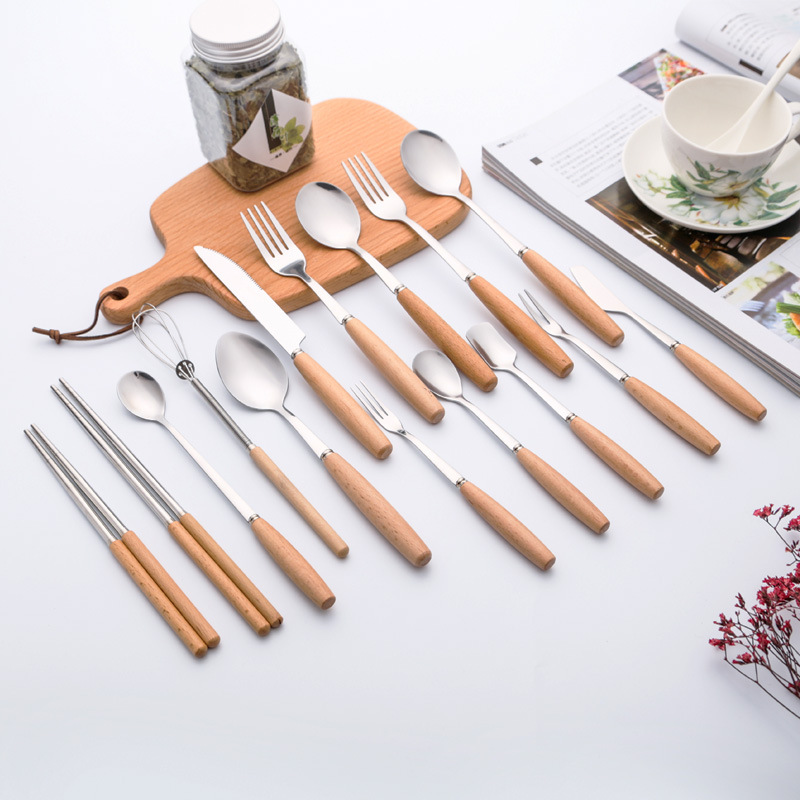 Eco-Friendly Eec Certified Reusable Stainless Steel Cutlery Set Mirror Polished Fork Knife Spoon Parties Casual Use Wooden