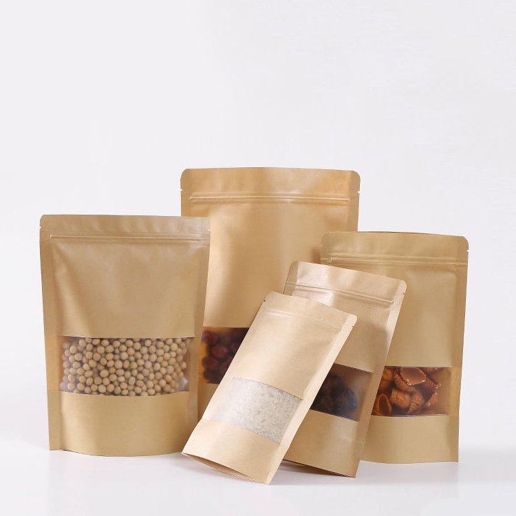 Kraft Paper Stand up Pouch With Window Reclosable Ziplock Food Packaging Bag for Nuts Coffee Tea Snack