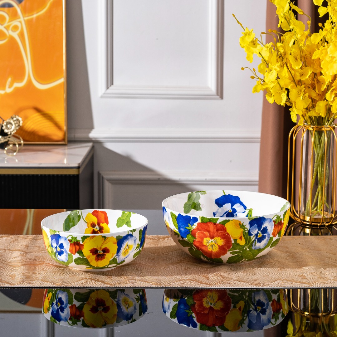 Luxury Eco-Friendly European Porcelain Under Glazed Plant Pattern Salad Bowl Set of 2 with Flower Wedding Dinnerware