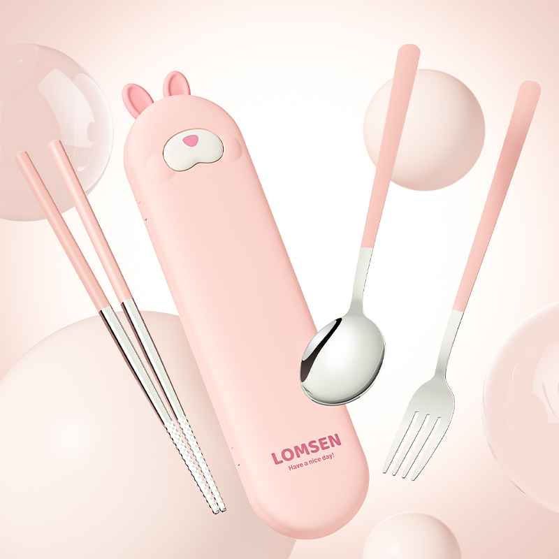 Custom Logo Back to School Children Camping Outdoor Reusable Eco-Friendly 304 Stainless Steel Cute Portable Cutlery Set Case