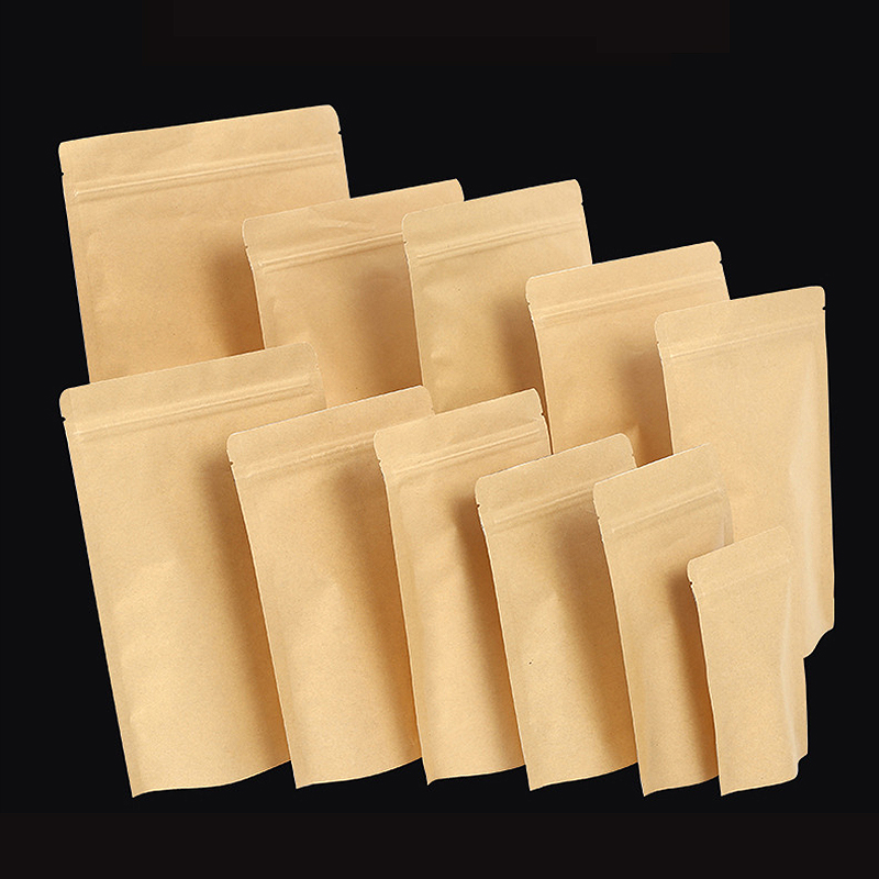 In Stock Brown Kraft Paper Stand Up Pouch Coffee Tea Cookie Candy Nut Food Grade Aluminum Foil Packaging Bag Doypack With Zipper