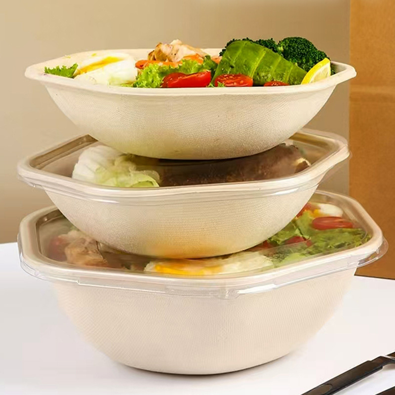 Disposable Environmentally Friendly Sugarcane Paper Biodegradable Lunch Box Salad Bowl with Embossing 90-Day Degradation