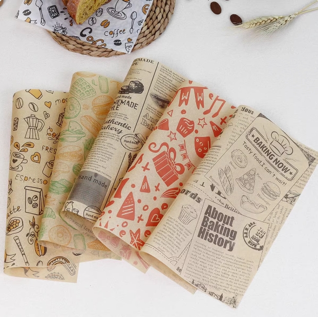 Custom Printed Waterproof Wax Food Wrapping Paper Greaseproof Sandwich Burger Packaging Sheets Fast Food Restaurant Takeaway