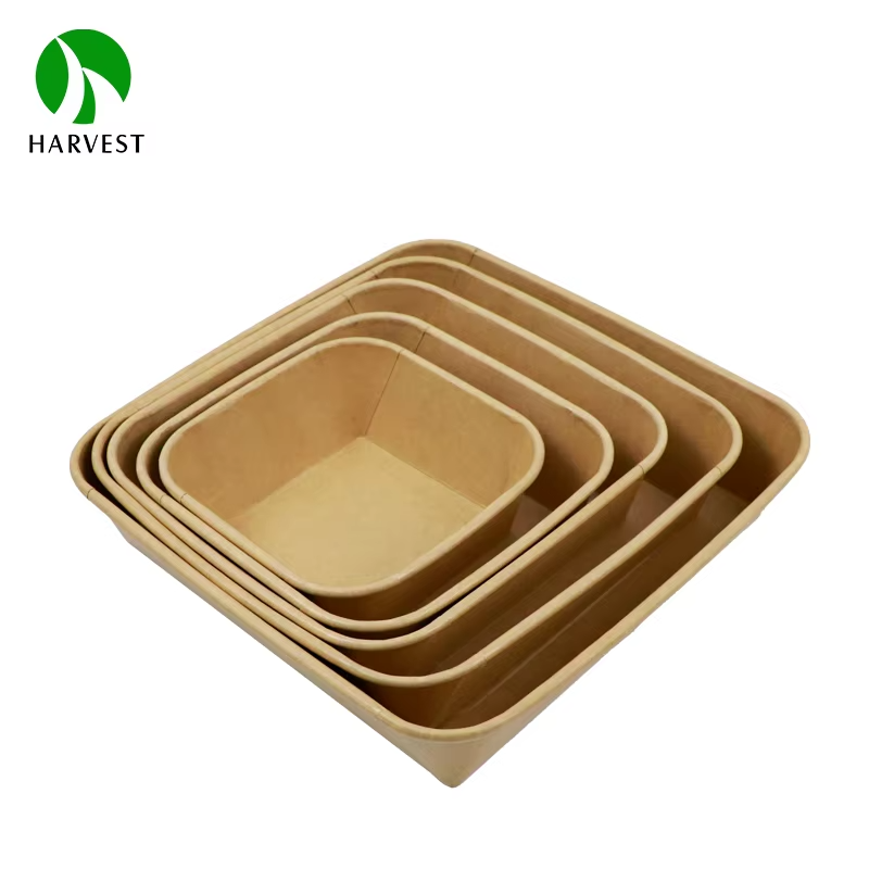 Factory Custom Biodegradable Square Kraft Paper Food Container Take Away Disposable Salad Bowls With Lid