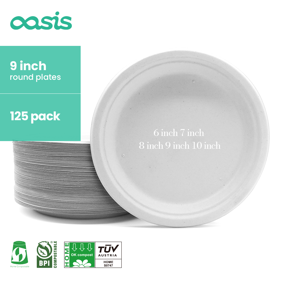 Oasis Customizable 6/7/9/10 Inch Disposable Sugarcane Plate Modern Bagasse Biodegradable Natural/White Compostable Plate