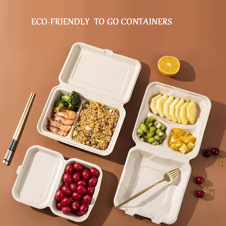 Clamshell Take Out Food Containers 100% Compostable Disposable to Go 9X6 Inch Sugarcane Bagasse Lunch Box