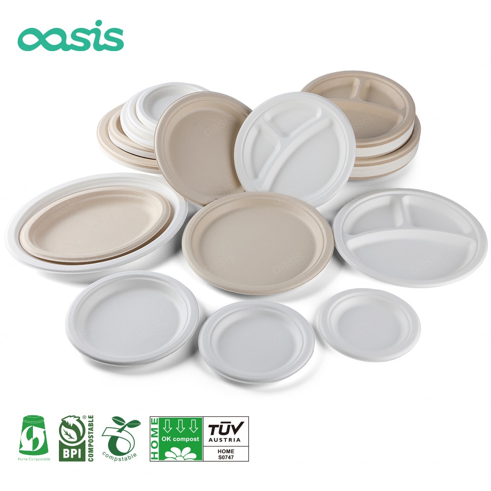 Oasis Customizable 6/7/9/10 Inch Disposable Sugarcane Plate Modern Bagasse Biodegradable Natural/White Compostable Plate