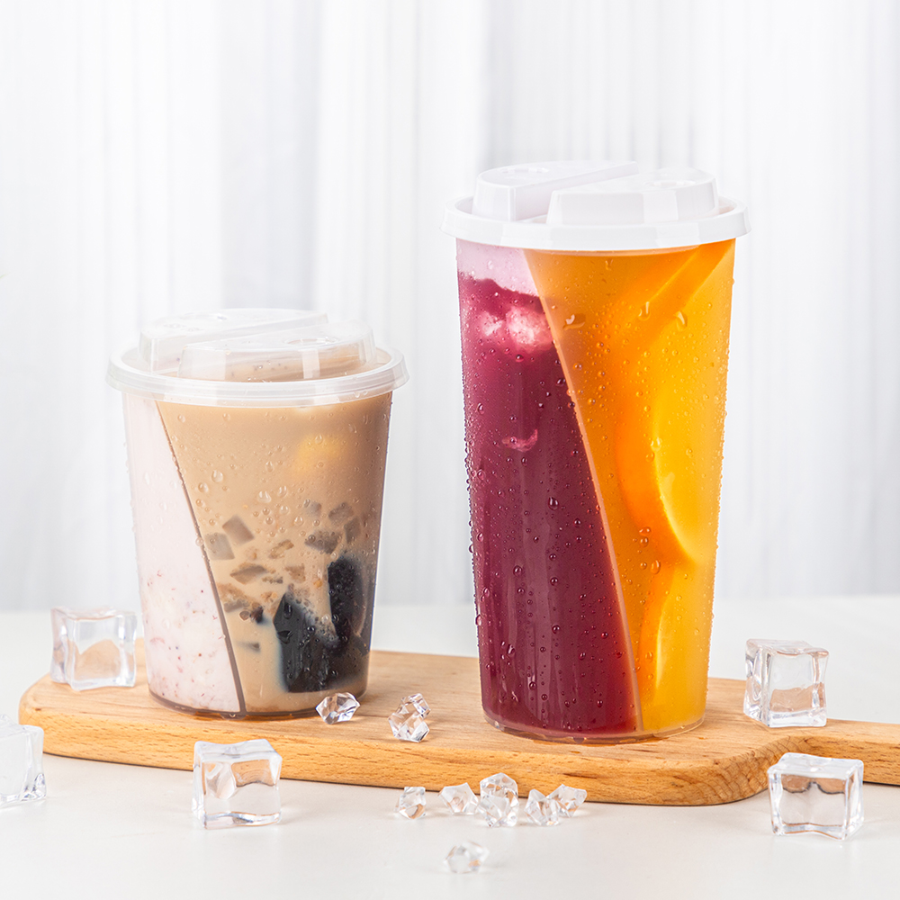 LOKYO Wholesale Custom PP 500ml 750ml Compartment Double Twin Cup Cold Juice Disposable Split Boba Tea Cups with Lid