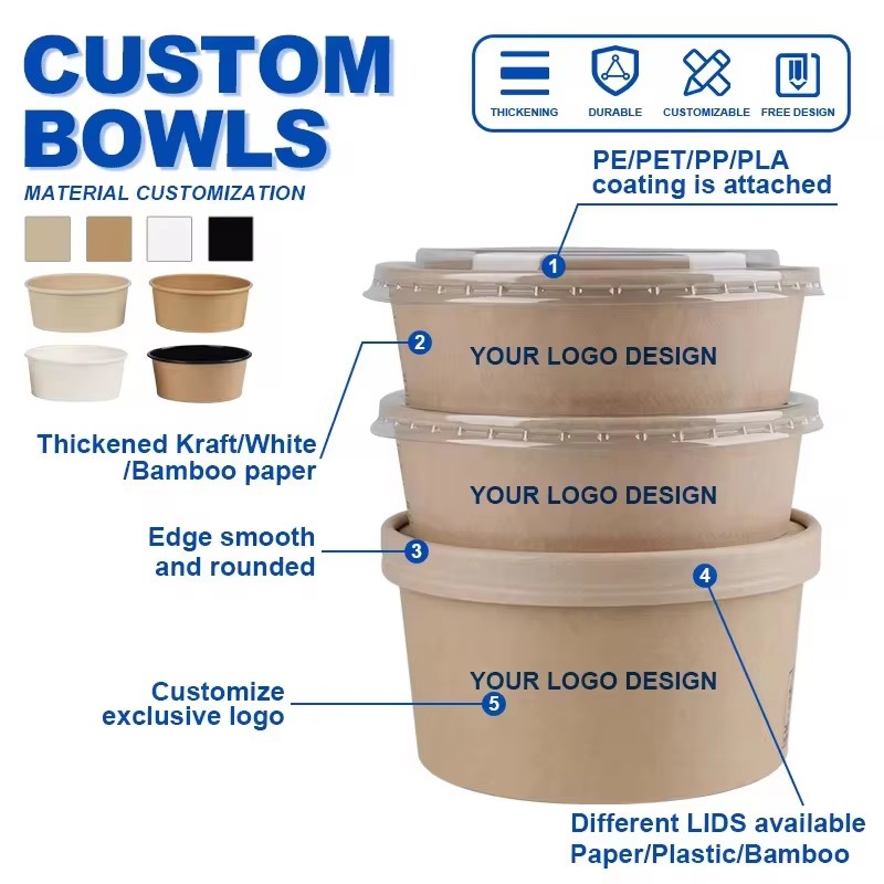 Biodegradable Plant Fiber Disposable Salad Bowls Custom logo Embossed Food Grade Takeout Bowls Suitable for Fruits and Meals