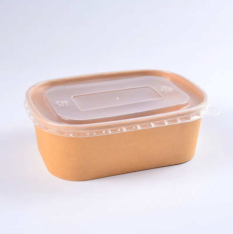 500ml 650ml 750ml 1000ml Food Grade Biodegradable Disposable Rectangle Brown Kraft Paper Food Container With PP Lid