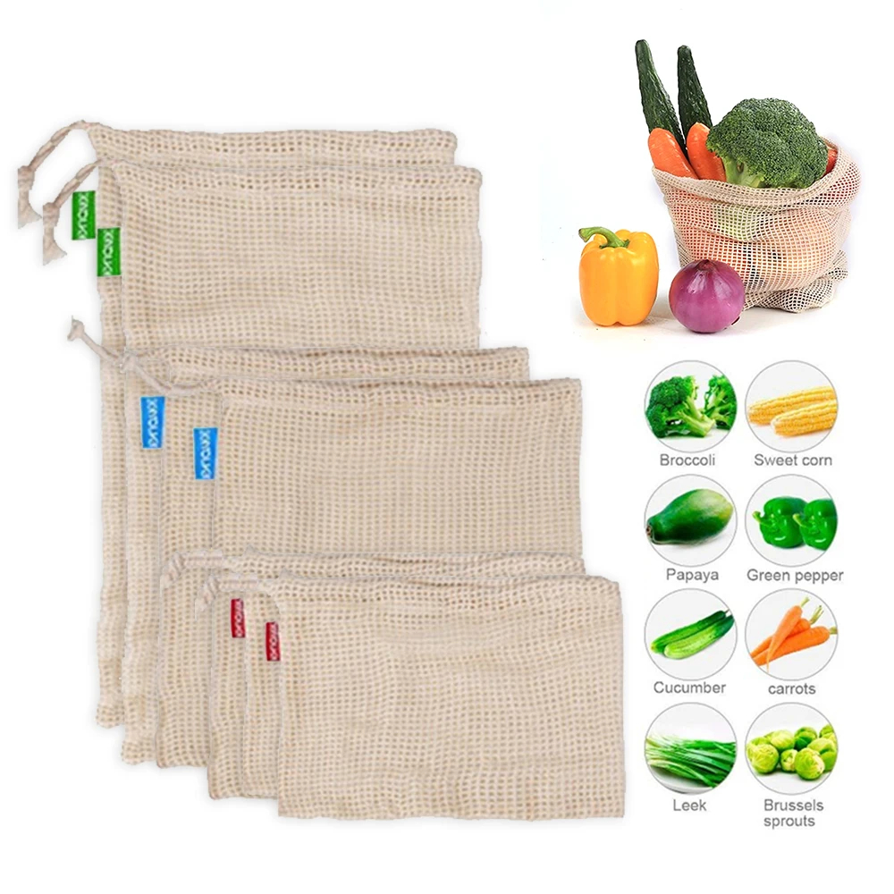 Reusable Cotton Mesh Produce Bags for Vegetable Fruit Food Kitchen Washable Grid Storage Bag Eco String Bag Kitchen Organizer
