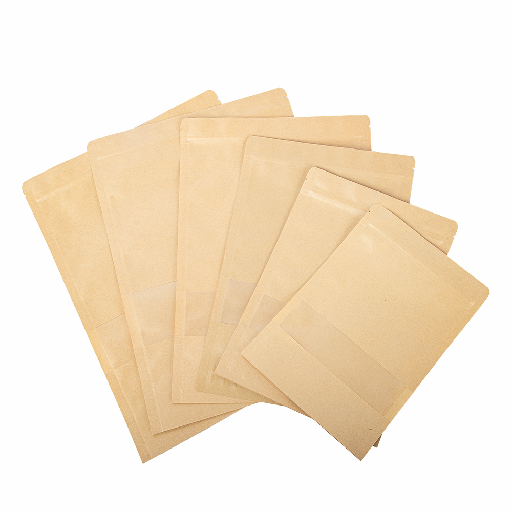 Custom Printed logo Biodegradable Reusable Food Kraft Paper Zipper Bolsas Ziplock Stand up Pouch Bags with clear Window