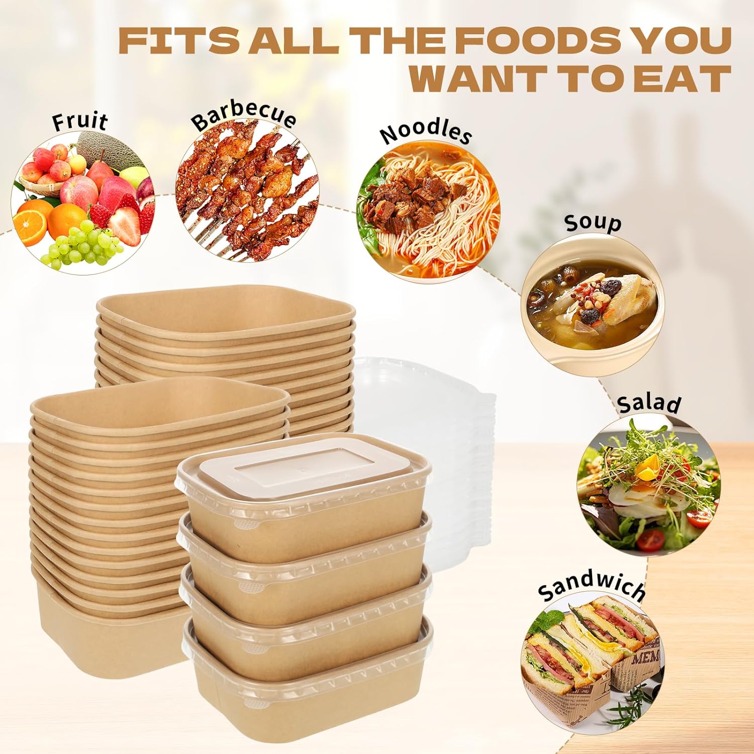 Eco-Friendly Biodegradable Recyclable Disposable 500ml-1500ml High Quality Kraft Paper Salad Bowl Lid Hot Food Container