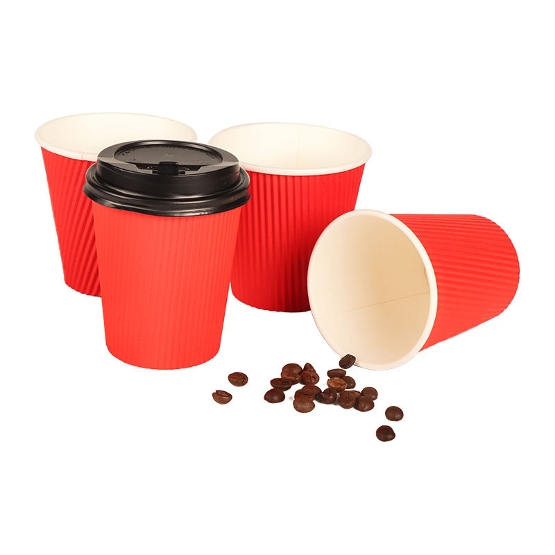 8oz Disposable Corrugated Paper Cups with PE Coated Paper Lids Ripple Wall Cup Flexo Printing