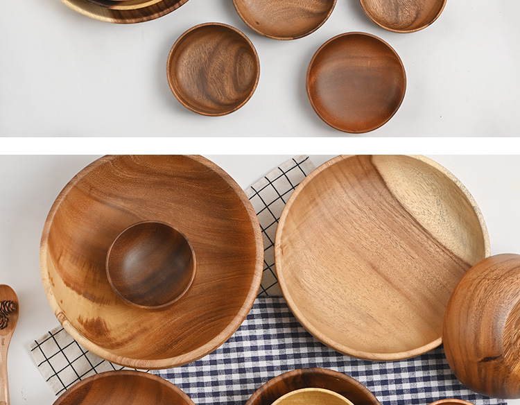 Hot Sale Factory Direct Eco-friendly Acacia Wooden Salad &amp; Soup Bowls Deep Dish with Plant Pattern Direct Price