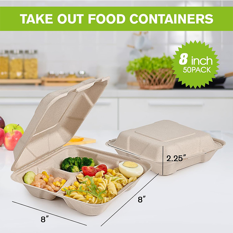 Eco-friendly Disposable Clamshell to Go Container Sugarcane Bagasse 8x8.5 Inch Biodegradable Sugarcane Clamshell Food Containers