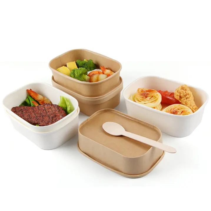 500ml 650ml 750ml 1000ml Food Grade Biodegradable Disposable Rectangle Brown Kraft Paper Food Container With PP Lid