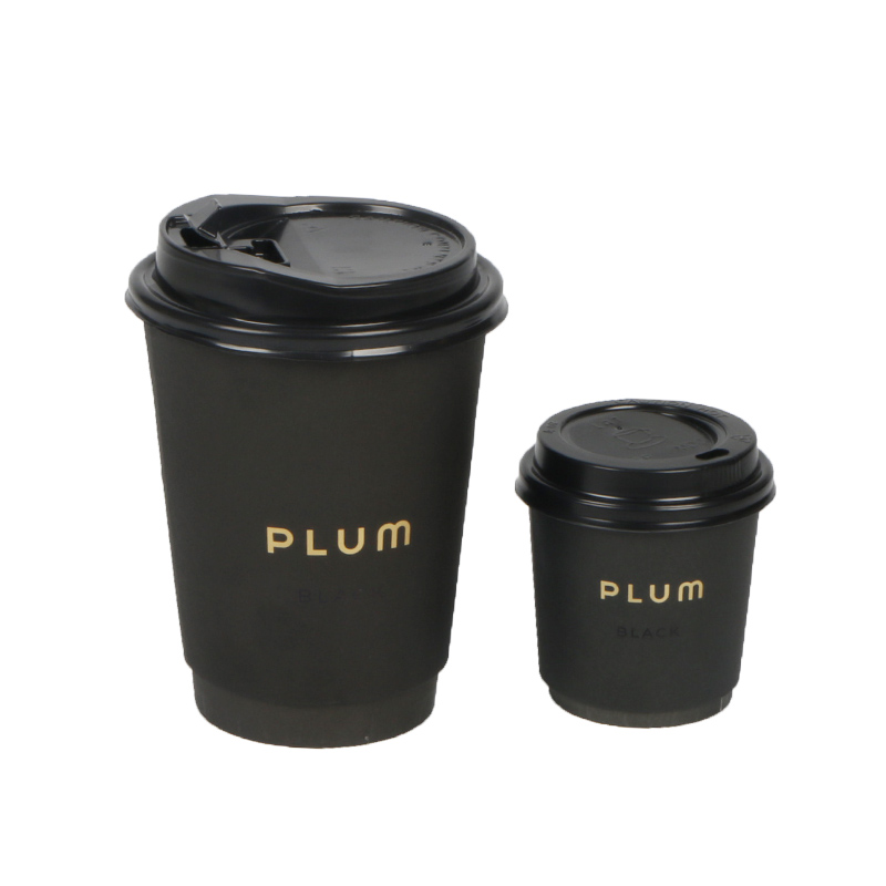 4oz 8oz 12oz Disposable Double Wall Gold Foil Stamping Custom logo All Black Hot Coffee Paper Cup with PS Lid