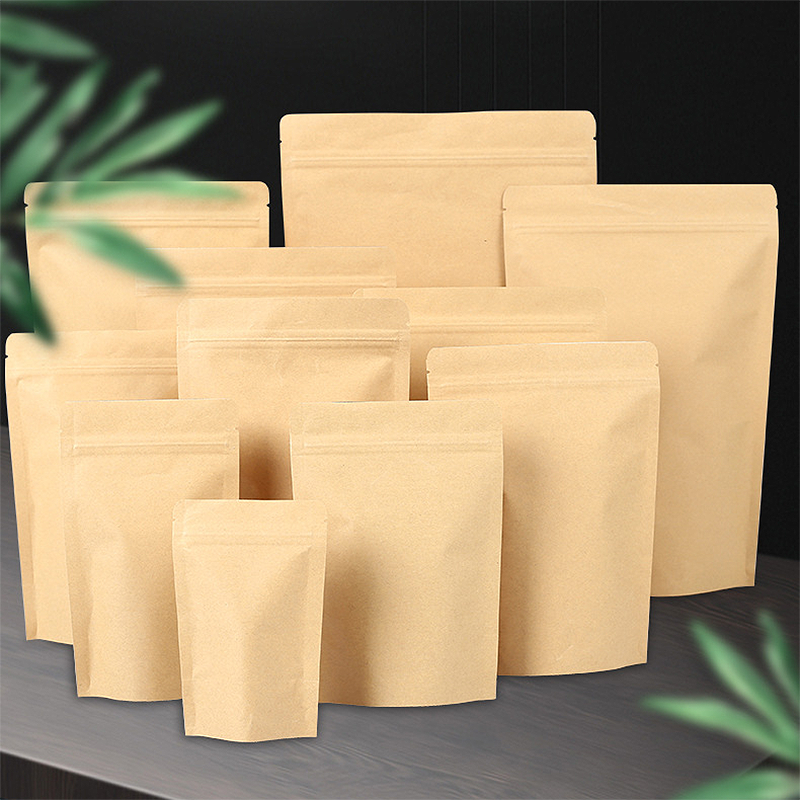 In Stock Brown Kraft Paper Stand Up Pouch Coffee Tea Cookie Candy Nut Food Grade Aluminum Foil Packaging Bag Doypack With Zipper