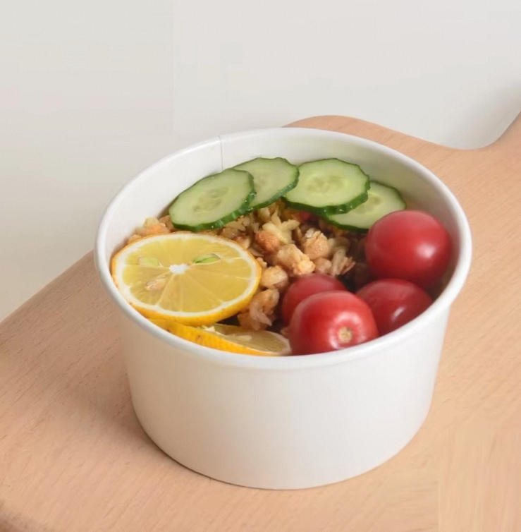 Disposable Single Wall Biodegradable Kraft Paper White Soup Bowl &amp; Lid With Recycled Materials For Takeout Food Packaging