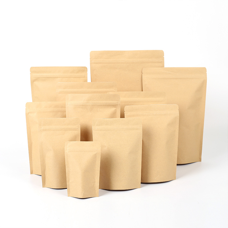 In Stock Brown Kraft Paper Stand Up Pouch Coffee Tea Cookie Candy Nut Food Grade Aluminum Foil Packaging Bag Doypack With Zipper