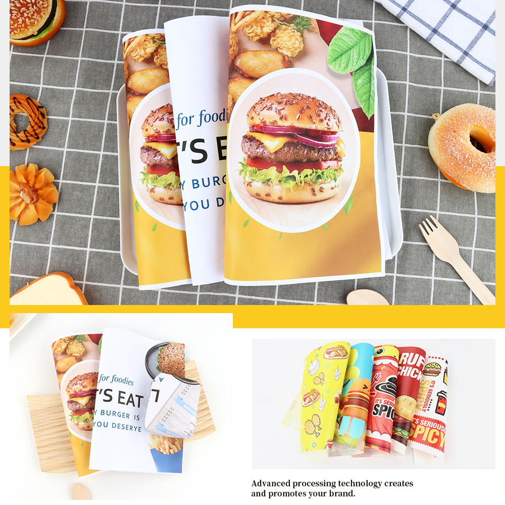Coated Pulp Greaseproof Wrapping Paper Printed Burger Sandwich Packaging for Chemical Industry Single-Sided Pe Coating