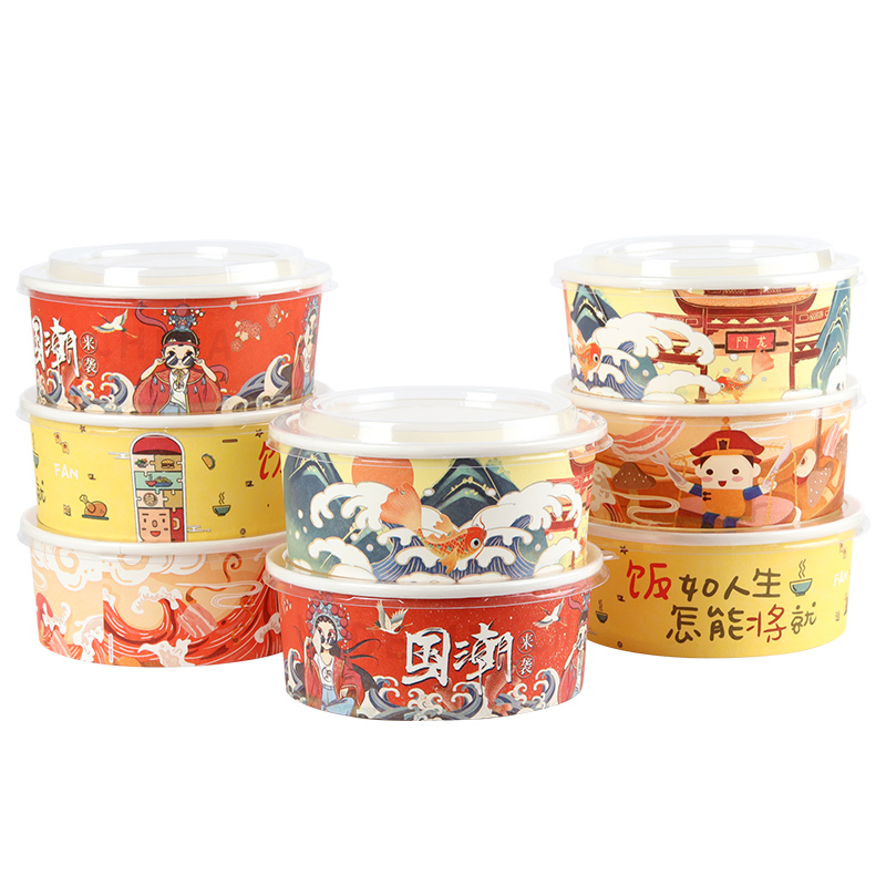 Disposable Packaging Round Paper Bowl Customization Food Grade Take Away Craft White Salad Paper Bowl With Lid
