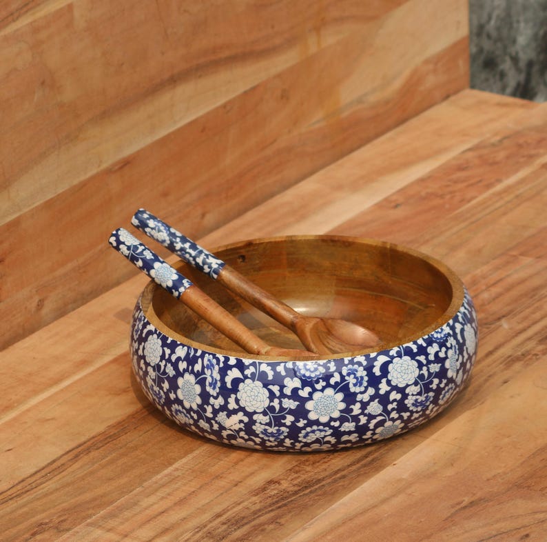 High Quality Handmade Mango Wood Salad Bowl Set: Bohemian Flora Design Customized Carved Salad Bowls for Home With Salad Servers