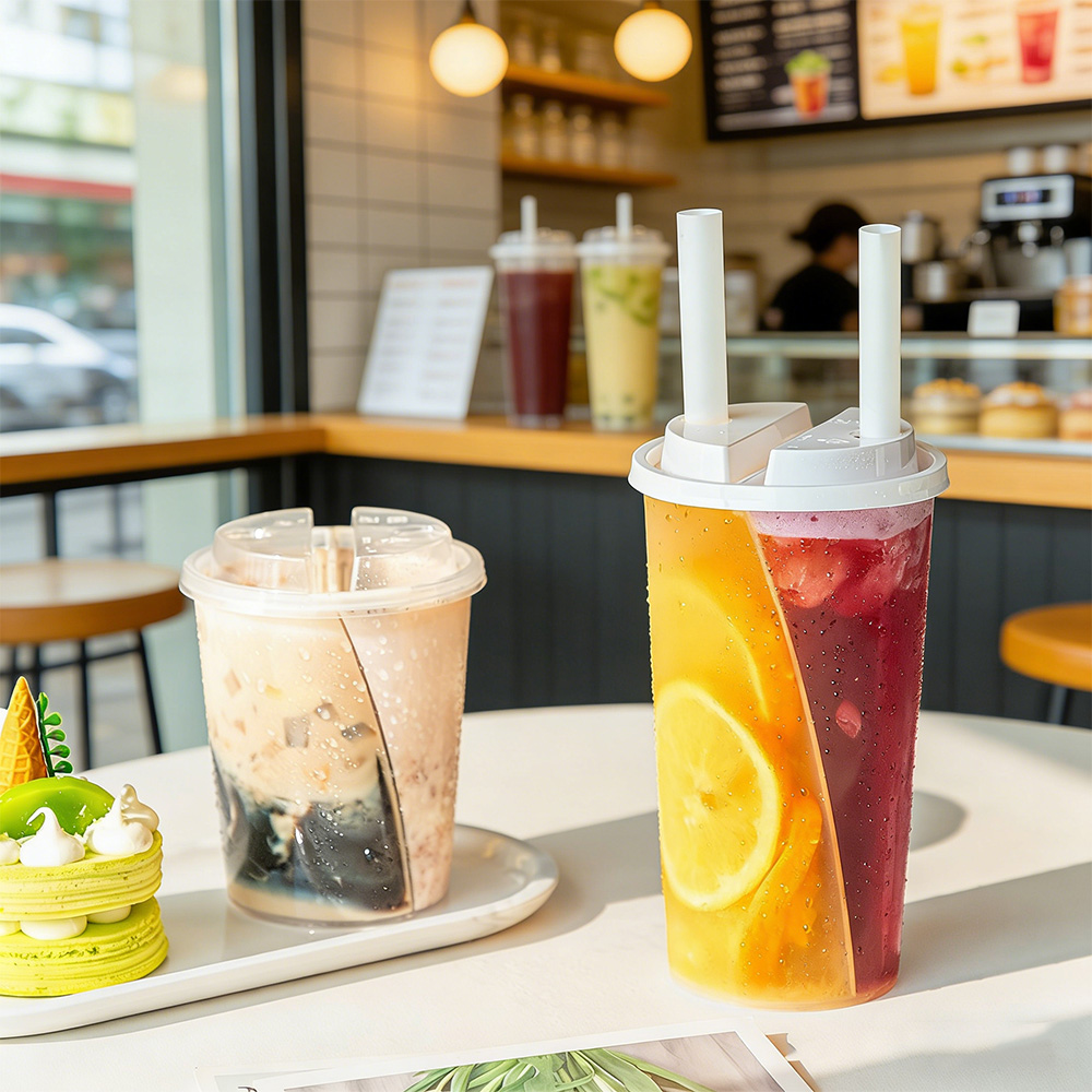 LOKYO Wholesale Custom PP 500ml 750ml Compartment Double Twin Cup Cold Juice Disposable Split Boba Tea Cups with Lid