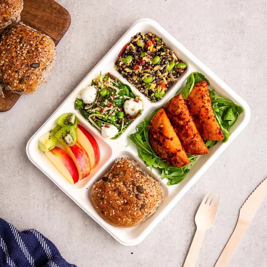 100% Natural Eco Friendly Disposable Biodegradable &amp; Compostable Sugarcane Bagasse Paper Pulp Takeout 5 Compartment Plate