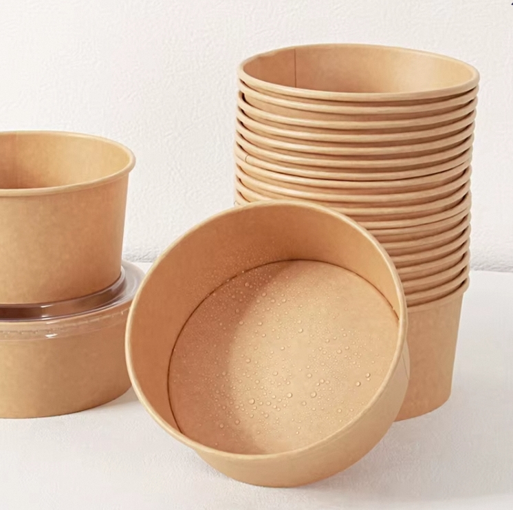 Disposable Single Wall Biodegradable Kraft Paper White Soup Bowl &amp; Lid With Recycled Materials For Takeout Food Packaging