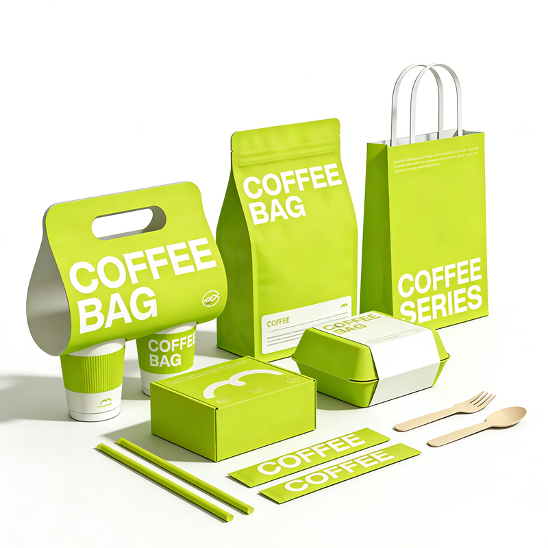 Custom Logo Disposable Takeout Packaging Box Set Personalized Design Coffee Cups and Paper Bags