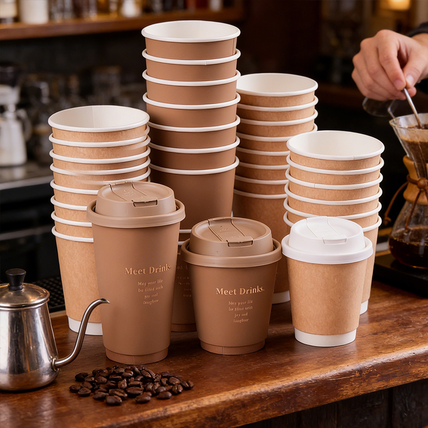 Custom Logo Biodegradable Double-Wall Disposable Coffee Cup Take-Away Lid Waterproof Single Shape Paper Cup for On-The-Go Use