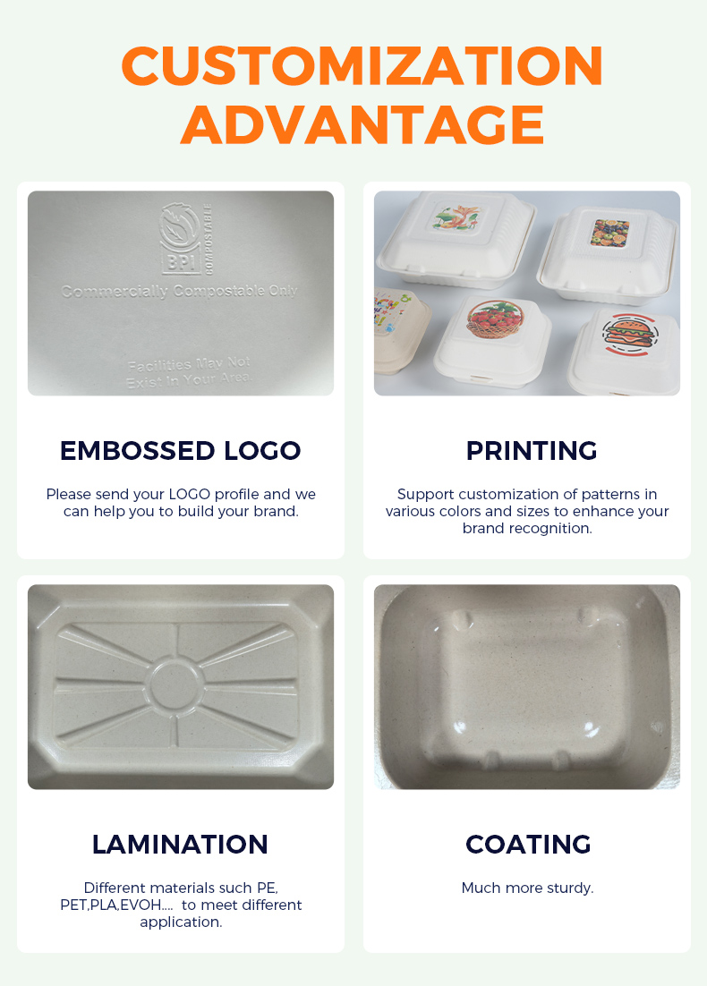 Disposable Tableware Compostable Microwave Biodegradable Sugarcane Fast Food Boxes Bagasse Take Away Container with Lid