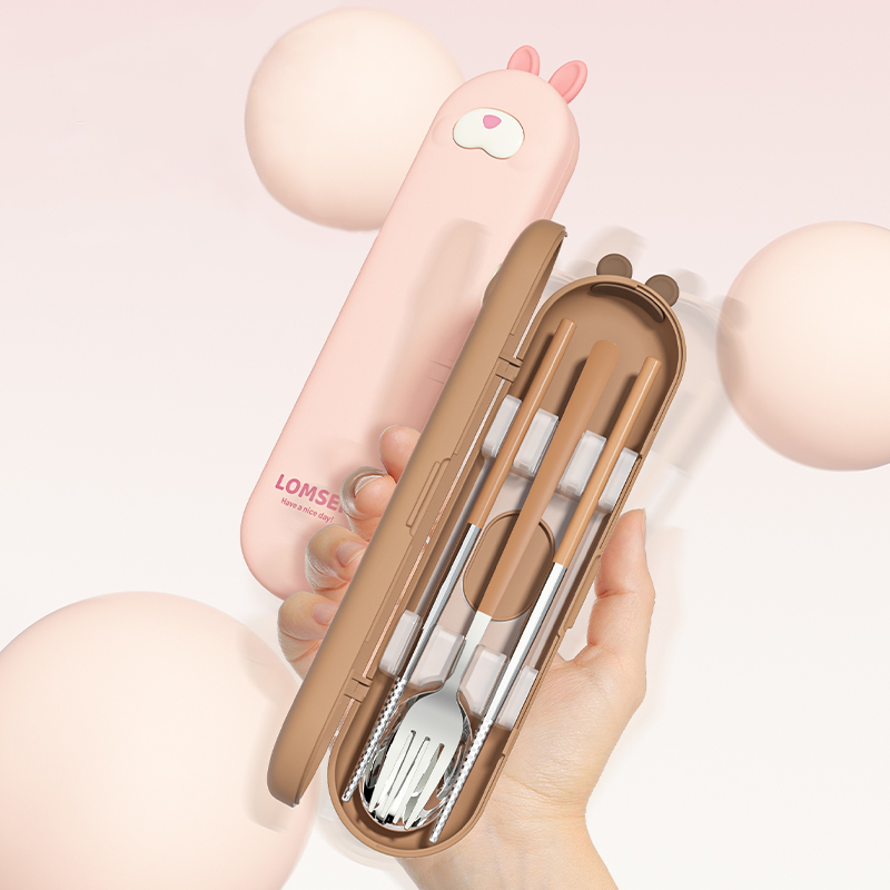 Custom Logo Back to School Children Camping Outdoor Reusable Eco-Friendly 304 Stainless Steel Cute Portable Cutlery Set Case