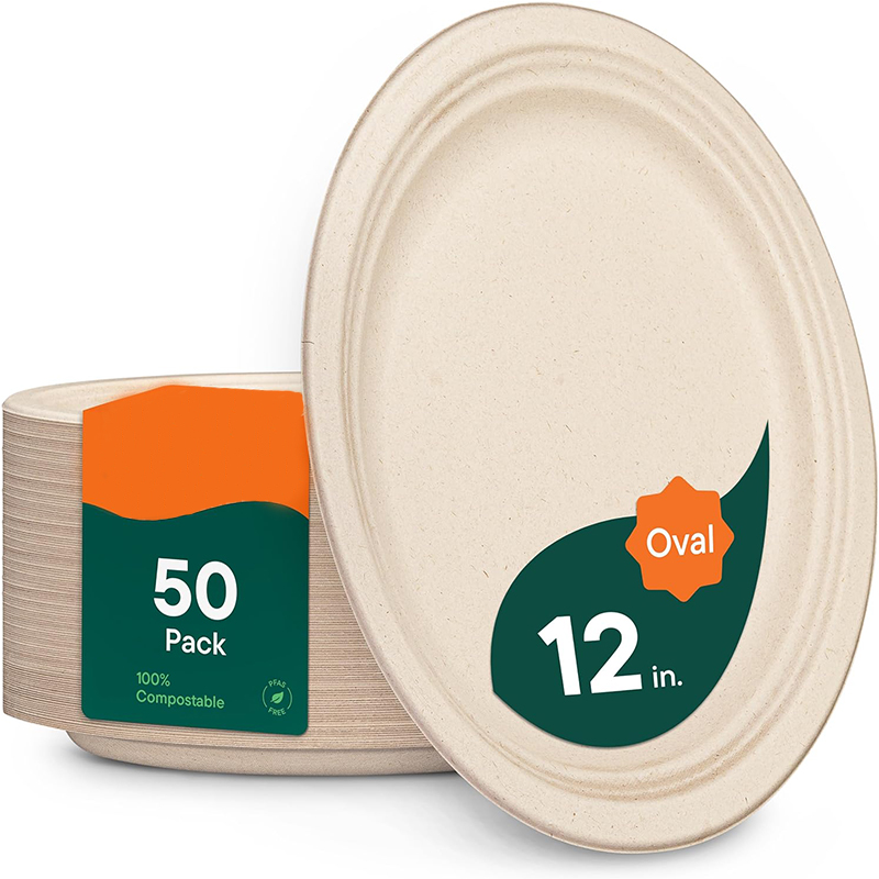 100% Compostable Heavy Duty Disposable Dinner Plates Eco-Friendly Biodegradable Sugarcane Bagasse Oval Paper Plates