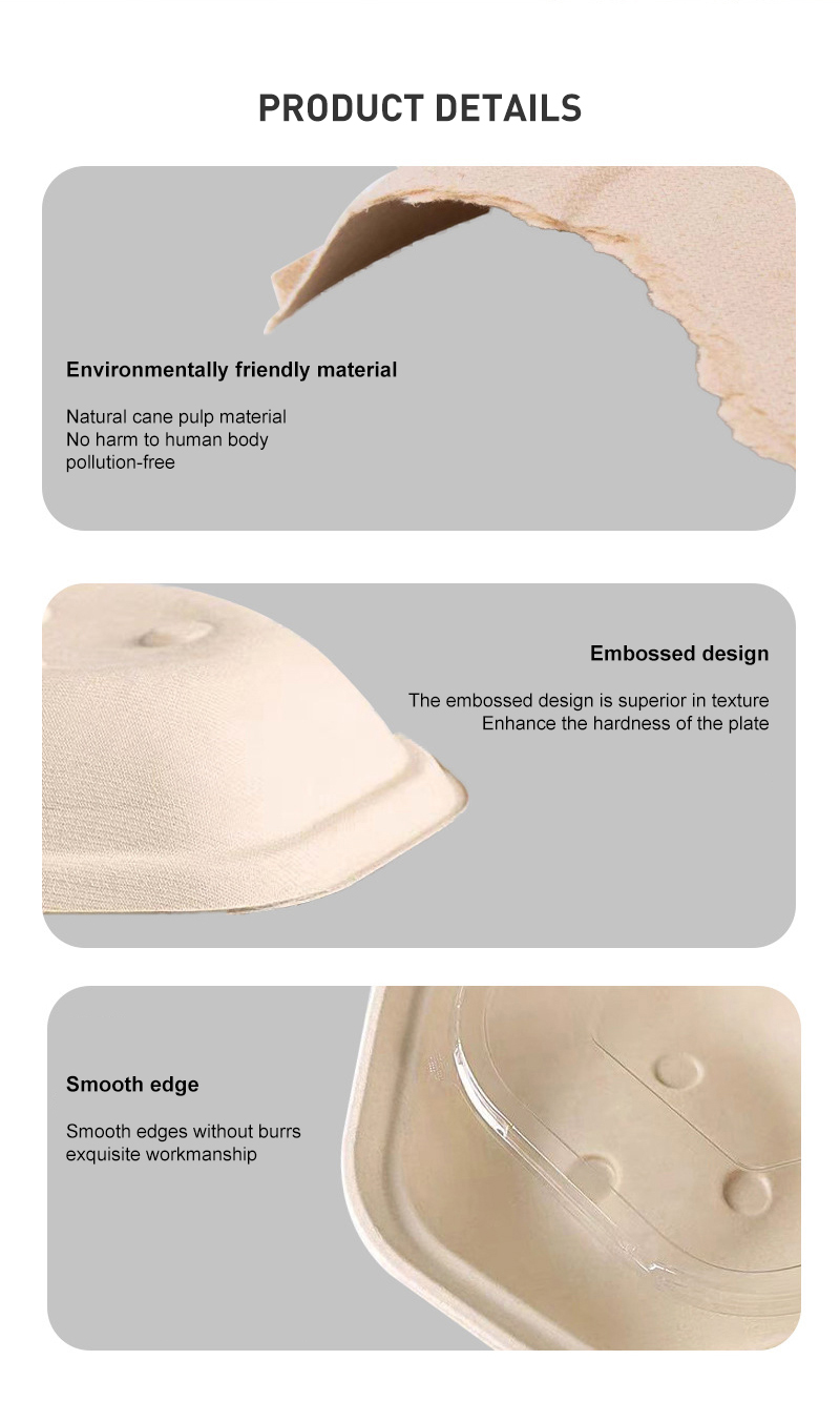 Disposable Environmentally Friendly Sugarcane Paper Biodegradable Lunch Box Salad Bowl with Embossing 90-Day Degradation