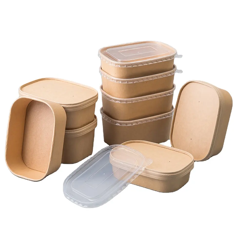 500ml 650ml 750ml 1000ml Food Grade Biodegradable Disposable Rectangle Brown Kraft Paper Food Container With PP Lid
