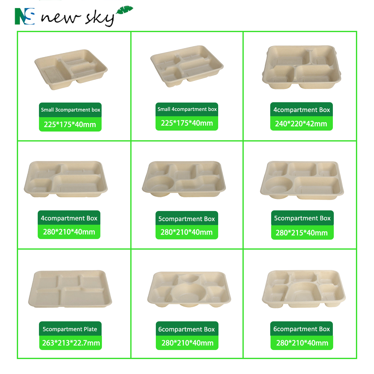 100% Natural Eco Friendly Disposable Biodegradable &amp; Compostable Sugarcane Bagasse Paper Pulp Takeout 5 Compartment Plate