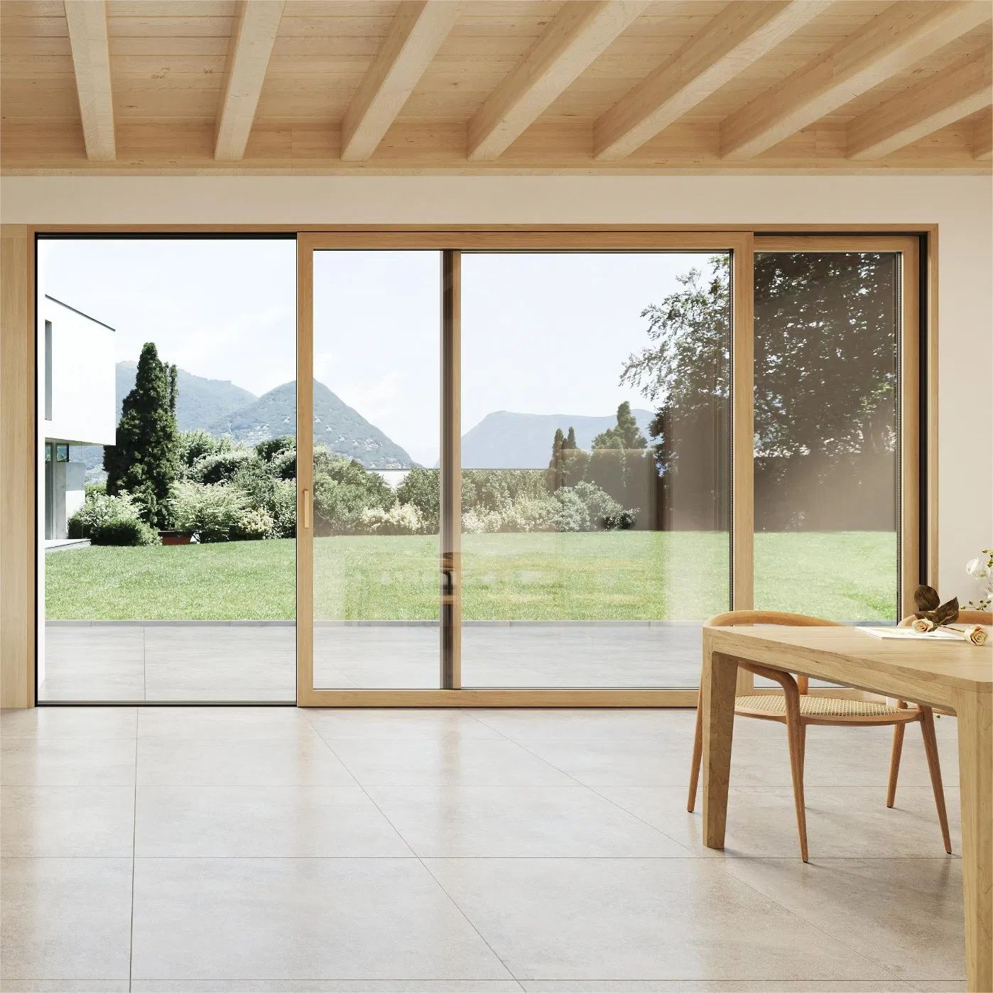 Porta deslizante de madeira e alumínio de design luxuoso e eficiente em energia para pátio elegante de hotel