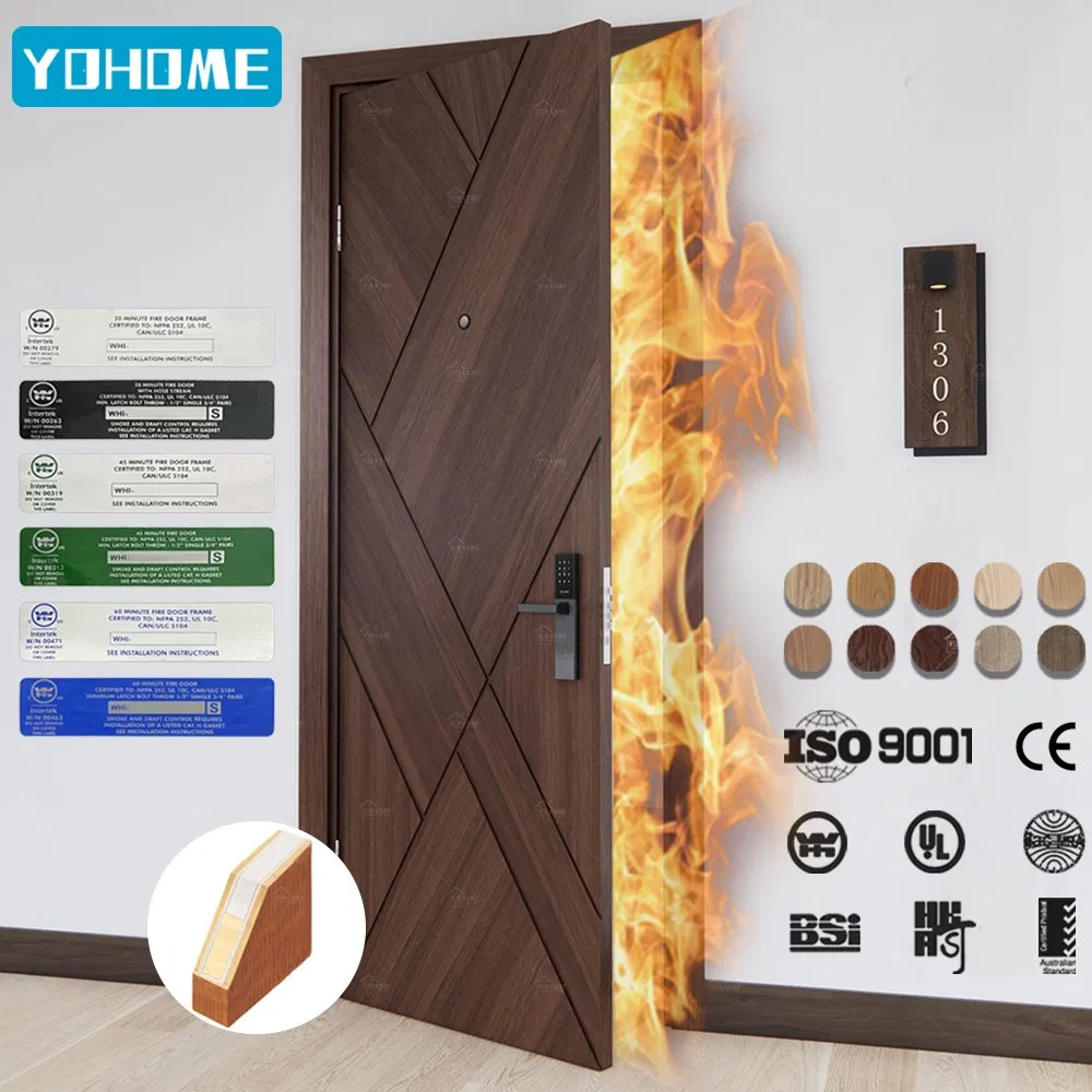 Portas de madeira à prova de fogo certificadas UL/En/BS/as personalizadas de fábrica na China para quartos de hotel, portas de madeira com classificação de fogo, portas à prova de fogo para hotel