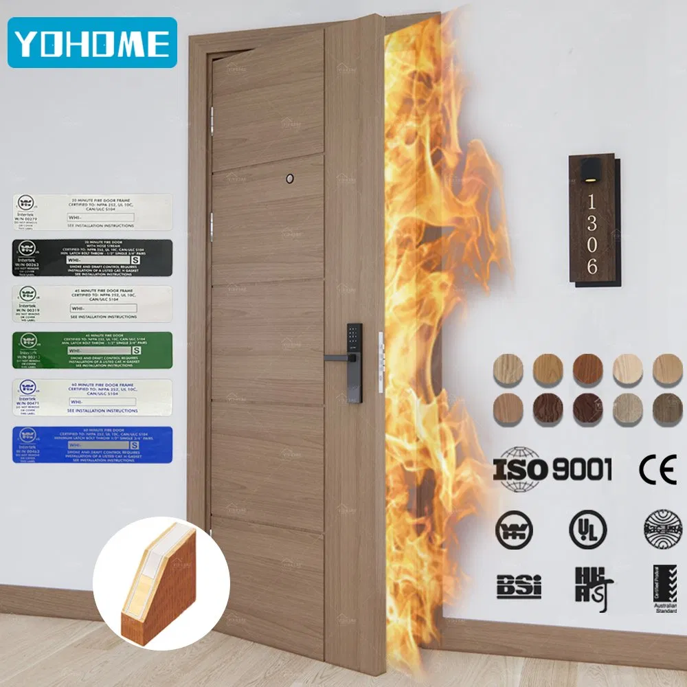 Portas de madeira à prova de fogo certificadas UL/En/BS/as personalizadas de fábrica na China para quartos de hotel, portas de madeira com classificação de fogo, portas à prova de fogo para hotel