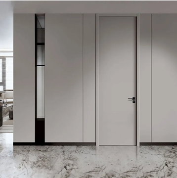 Porta de Madeira MDF com Revestimento Interior em Cor Noz Moderna, Design de Porta Sólida em Compósito para Hotel, Escola, Hospital, Apartamento