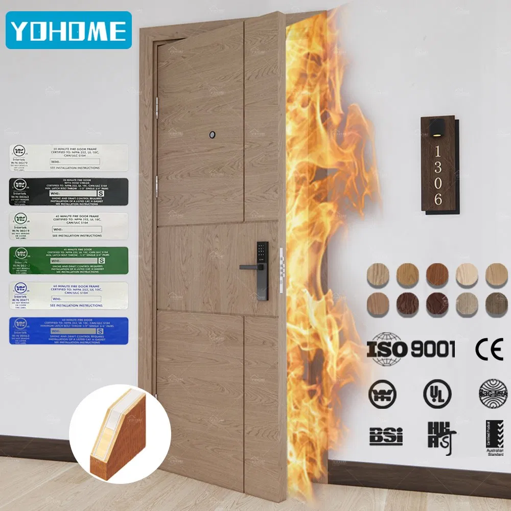Portas de madeira à prova de fogo certificadas UL/En/BS/as personalizadas de fábrica na China para quartos de hotel, portas de madeira com classificação de fogo, portas à prova de fogo para hotel