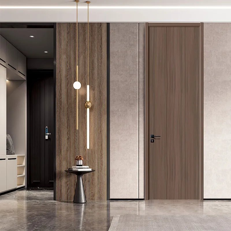 Porta de Madeira MDF com Revestimento Interior em Cor Noz Moderna, Design de Porta Sólida em Compósito para Hotel, Escola, Hospital, Apartamento