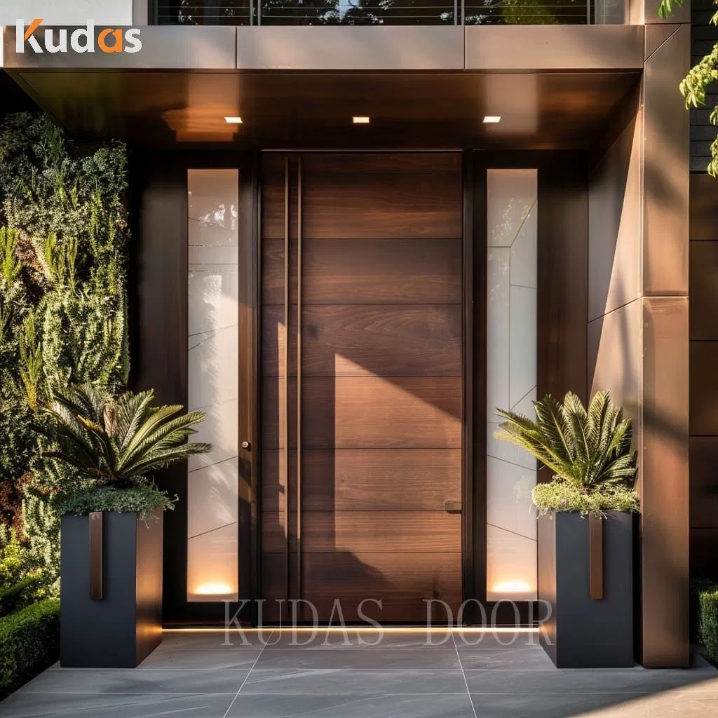 Portas principais duplas de madeira sólida de luxo com design em madeira de teca e vidro decorativo