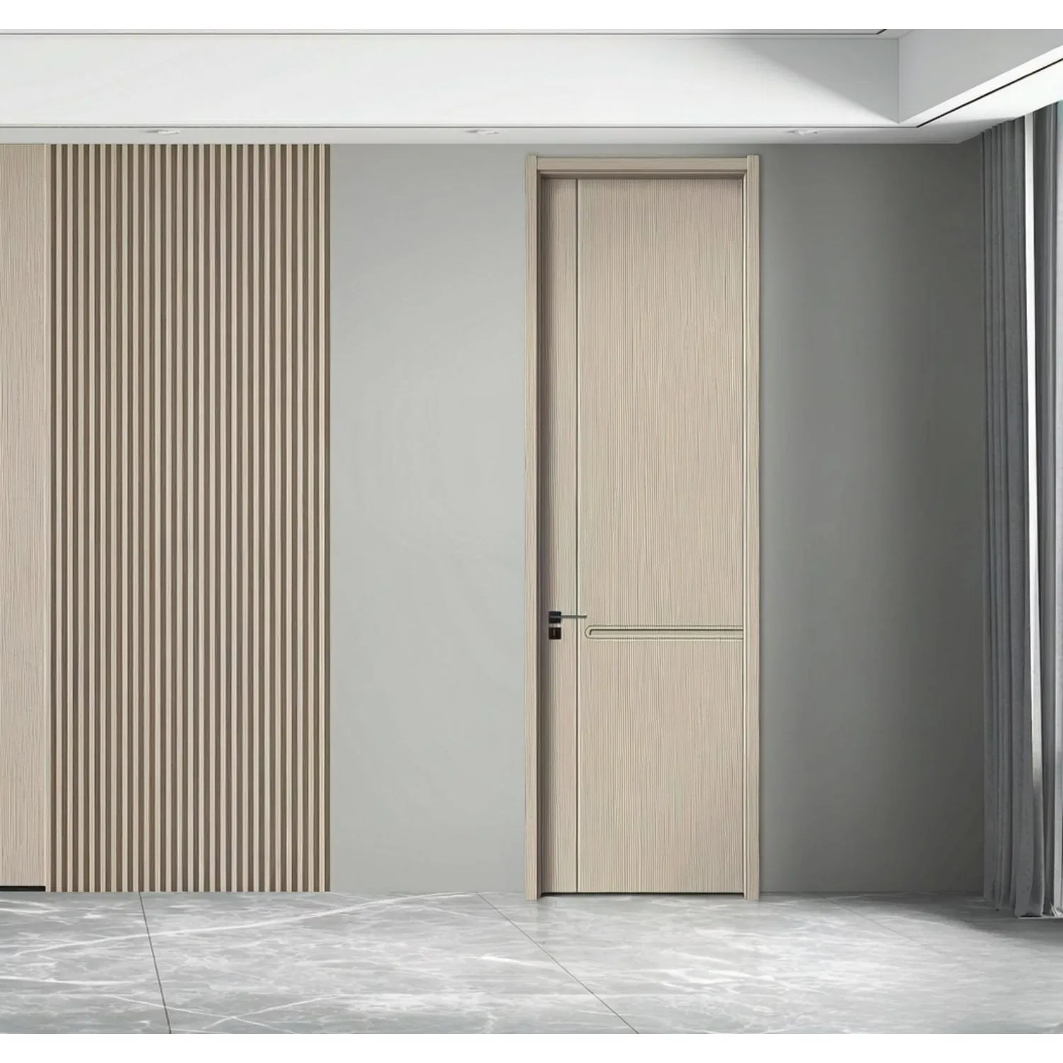 Porta de Madeira MDF com Revestimento Interior em Cor Noz Moderna, Design de Porta Sólida em Compósito para Hotel, Escola e Apartamento