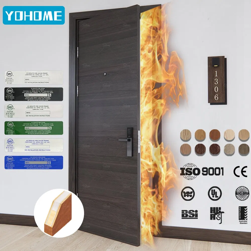 Portas de madeira à prova de fogo certificadas UL/En/BS/as personalizadas de fábrica na China para quartos de hotel, portas de madeira com classificação de fogo, portas à prova de fogo para hotel