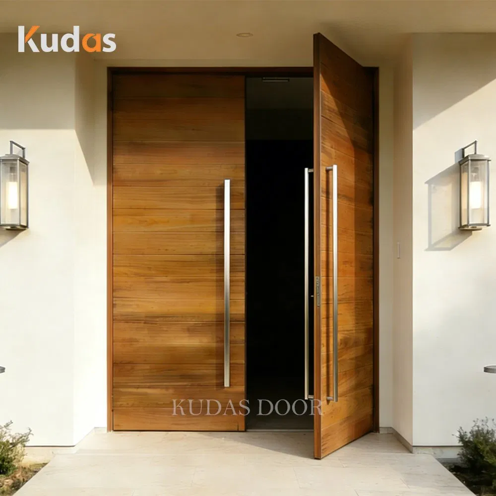 Portas duplas de madeira maciça de teca natural da fábrica da China para a entrada pivotante da casa de vila americana